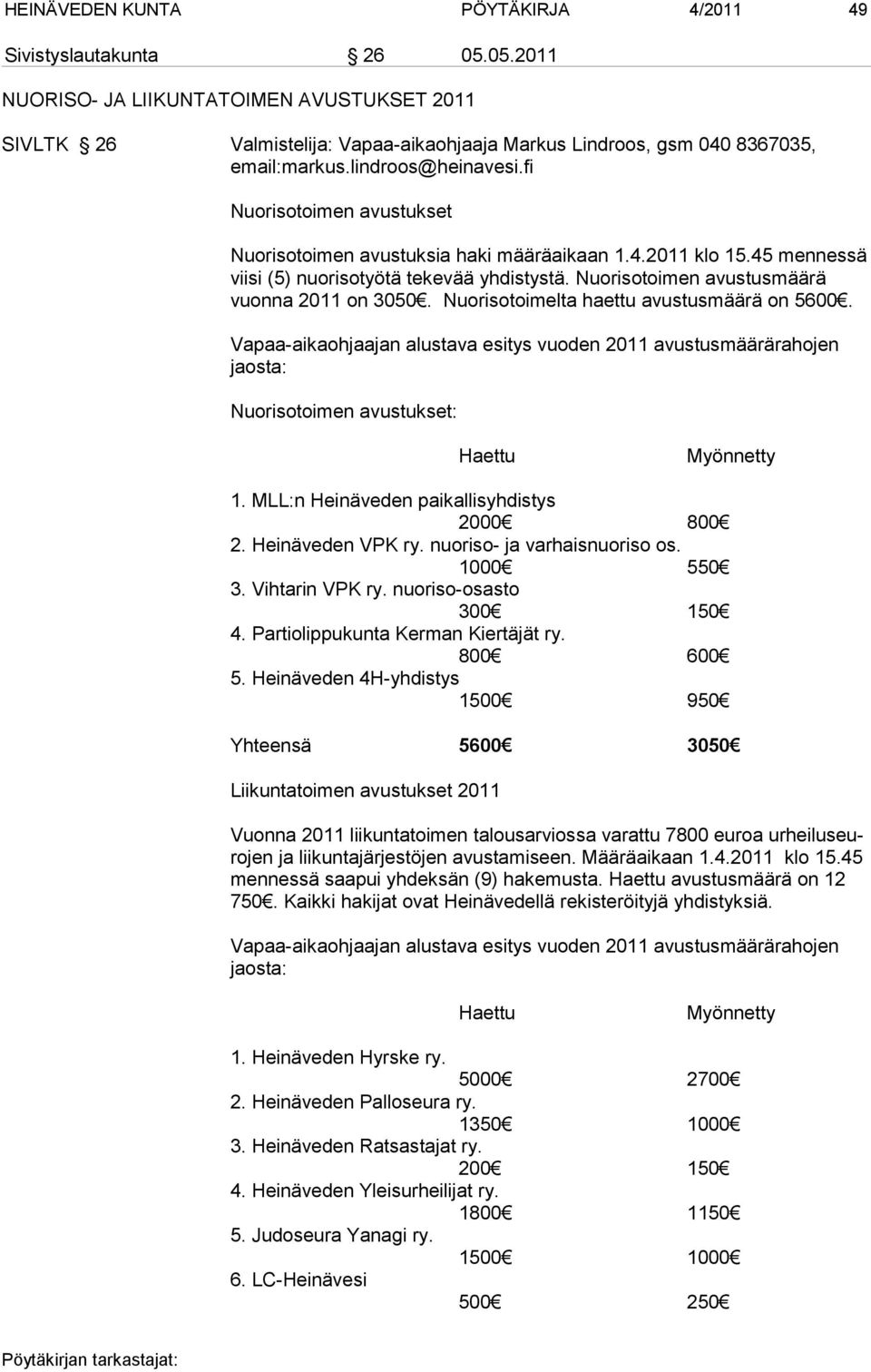 Nuorisotoimen avustusmäärä vuonna 2011 on 3050. Nuorisotoimelta haettu avus tusmäärä on 5600.