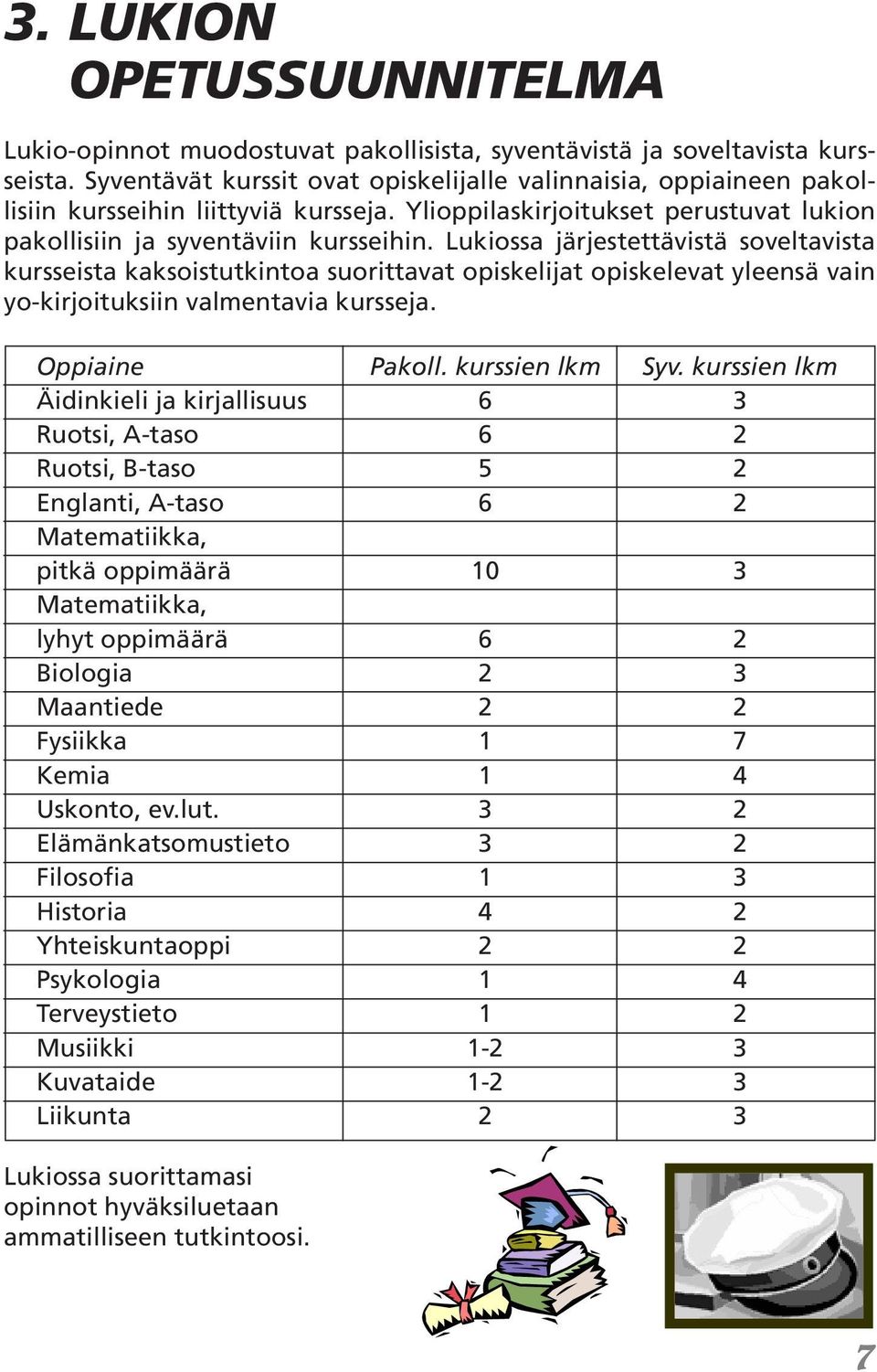 Lukiossa järjestettävistä soveltavista kursseista kaksoistutkintoa suorittavat opiskelijat opiskelevat yleensä vain yo-kirjoituksiin valmentavia kursseja. Oppiaine Pakoll. kurssien lkm Syv.