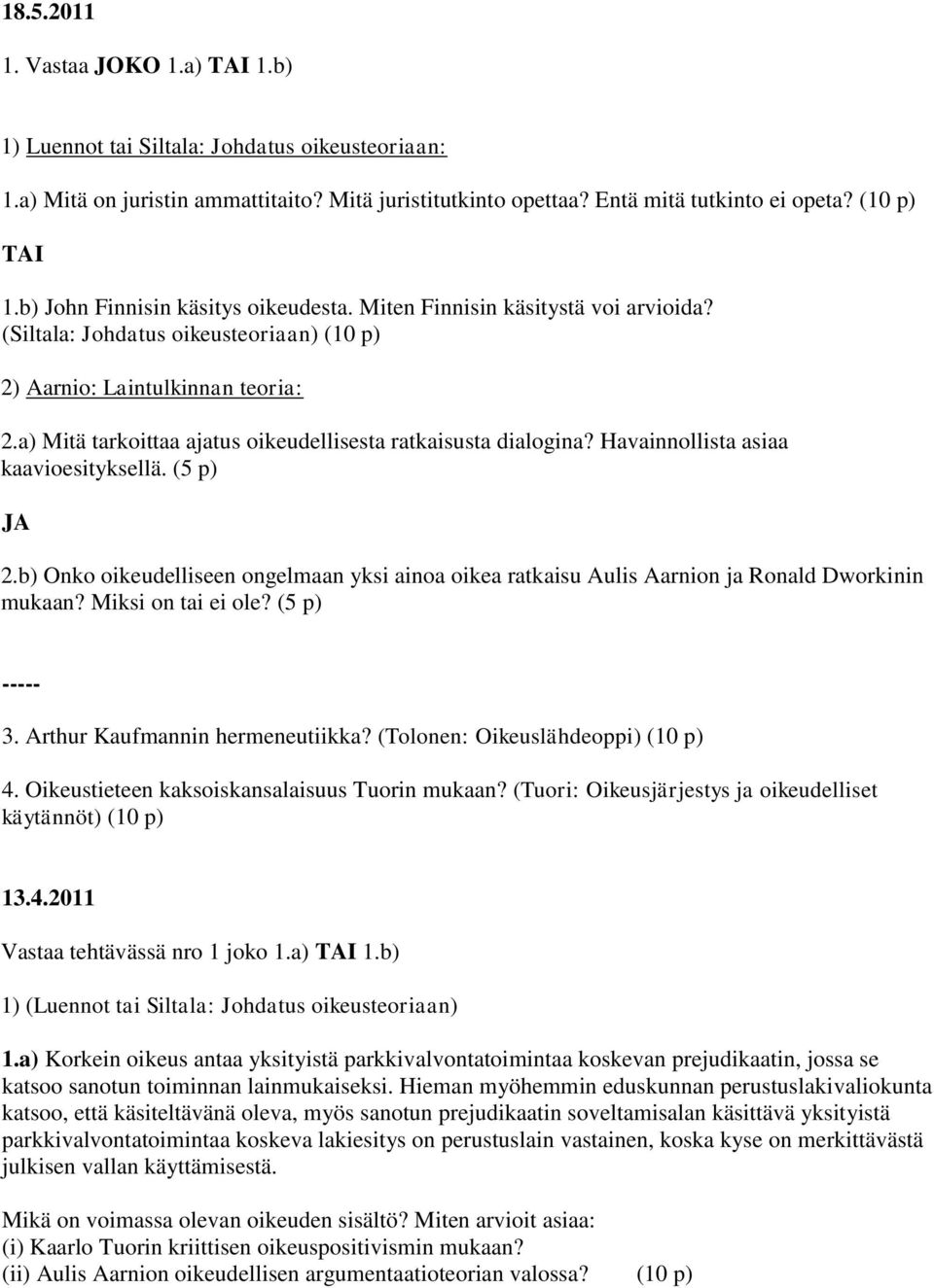 Havainnollista asiaa kaavioesityksellä. (5 p) JA 2.b) Onko oikeudelliseen ongelmaan yksi ainoa oikea ratkaisu Aulis Aarnion ja Ronald Dworkinin mukaan? Miksi on tai ei ole? (5 p) ----- 3.