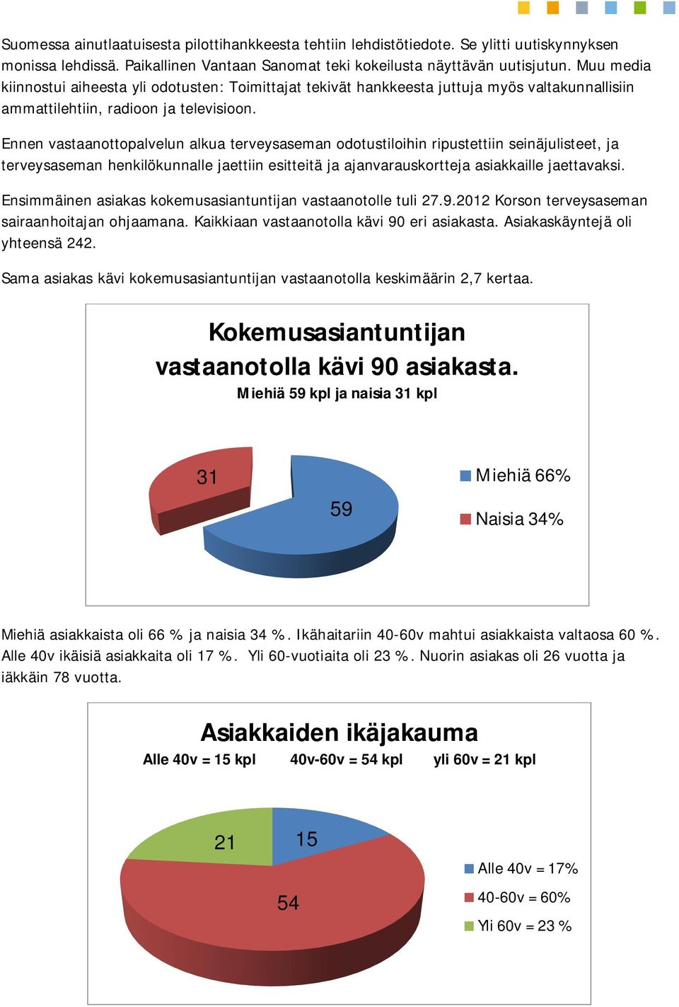 Ennen vastaanottopalvelun alkua terveysaseman odotustiloihin ripustettiin seinäjulisteet, ja terveysaseman henkilökunnalle jaettiin esitteitä ja ajanvarauskortteja asiakkaille jaettavaksi.