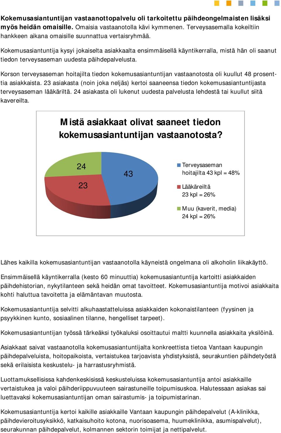 Kokemusasiantuntija kysyi jokaiselta asiakkaalta ensimmäisellä käyntikerralla, mistä hän oli saanut tiedon terveysaseman uudesta päihdepalvelusta.