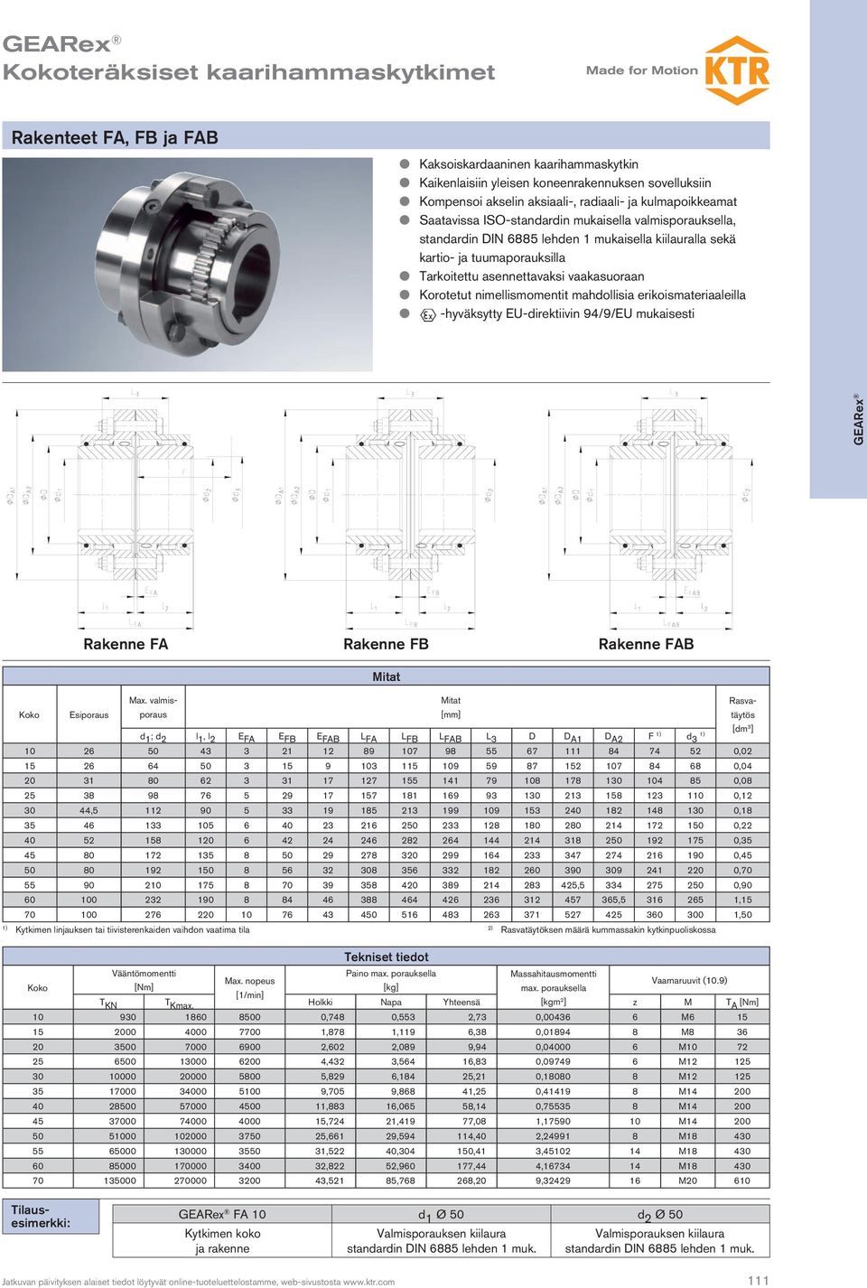 nimellismomentit mahdollisia erikoismateriaaleilla l -hyväksytty EU-direktiivin 94/9/EU mukaisesti Rakenne FA Rakenne FB Rakenne FAB Tekniset tiedot Koko Vääntömomentti Paino max.
