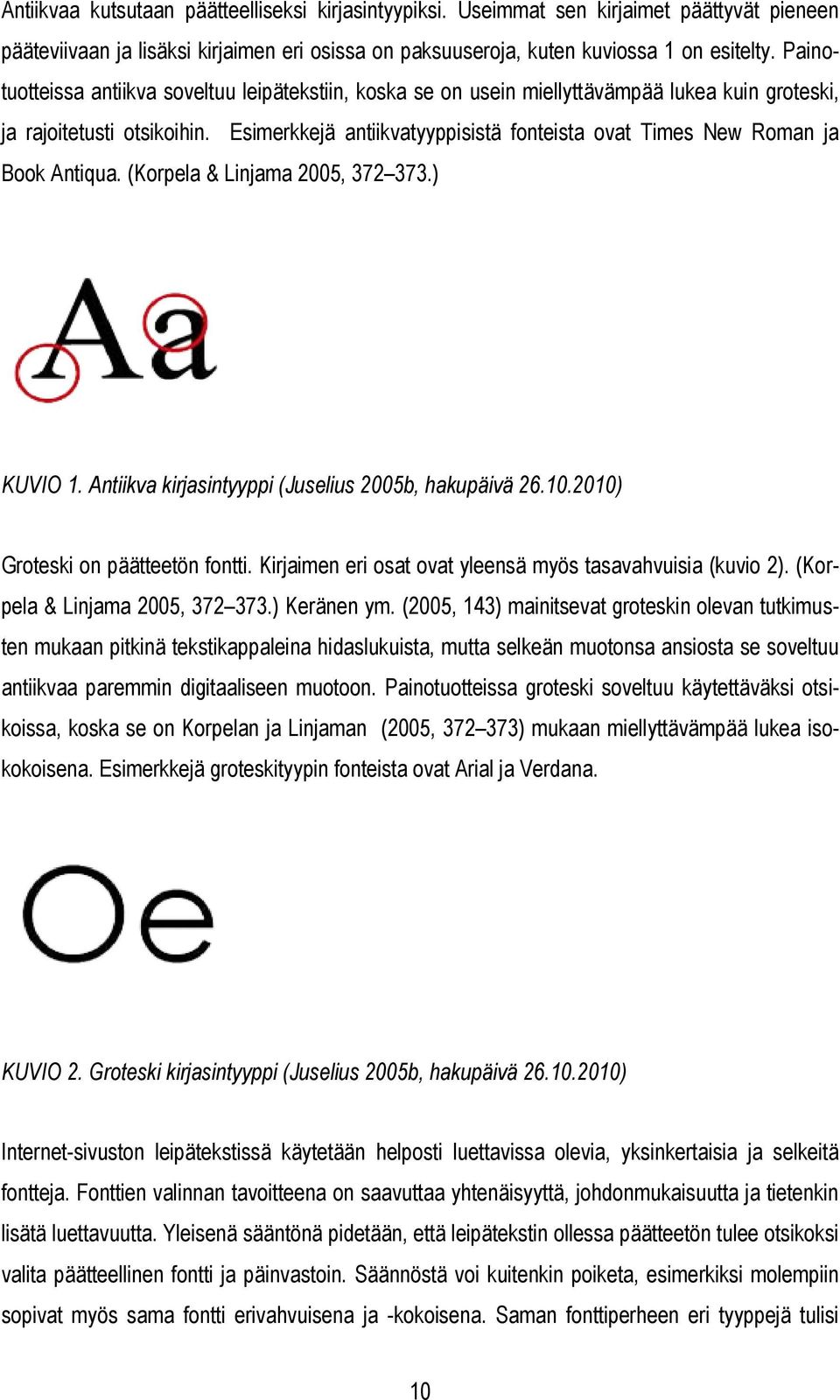 Esimerkkejä antiikvatyyppisistä fonteista ovat Times New Roman ja Book Antiqua. (Korpela & Linjama 2005, 372 373.) KUVIO 1. Antiikva kirjasintyyppi (Juselius 2005b, hakupäivä 26.10.