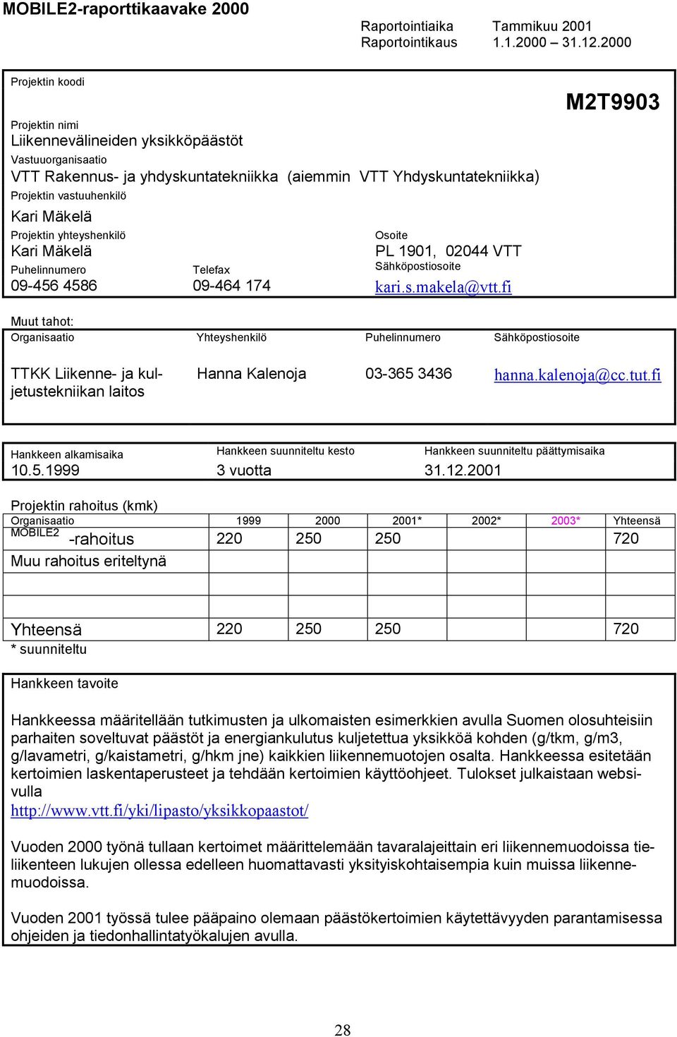 Projektin yhteyshenkilö Osoite Kari Mäkelä PL 1901, 02044 VTT Puhelinnumero Telefax Sähköpostiosoite 09-456 4586 09-464 174 kari.s.makela@vtt.