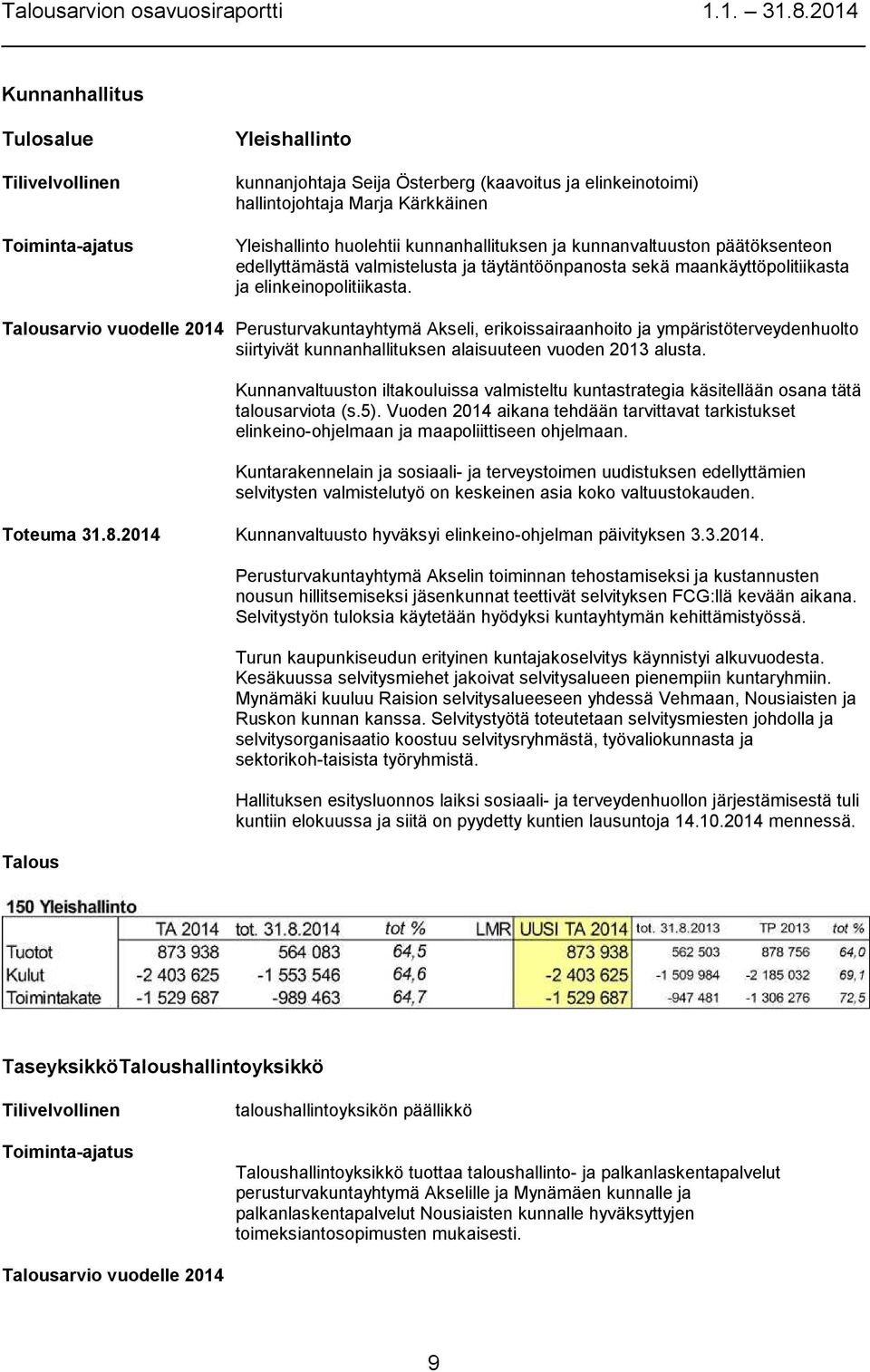 Talousarvio vuodelle 2014 Perusturvakuntayhtymä Akseli, erikoissairaanhoito ja ympäristöterveydenhuolto siirtyivät kunnanhallituksen alaisuuteen vuoden 2013 alusta.