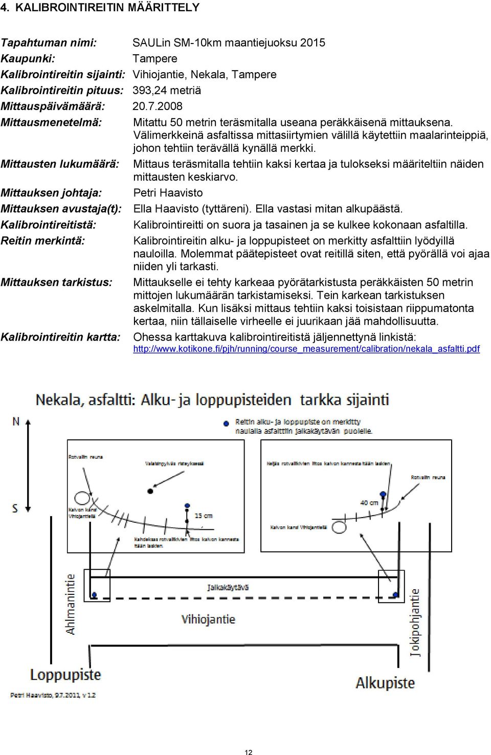 Välimerkkeinä asfaltissa mittasiirtymien välillä käytettiin maalarinteippiä, johon tehtiin terävällä kynällä merkki.