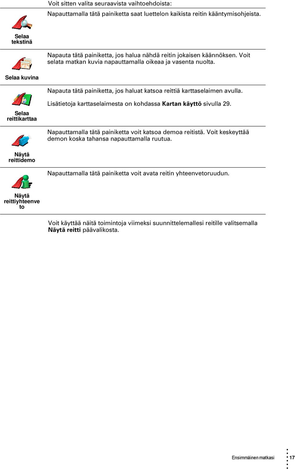 Selaa kuvina Napauta tätä painiketta, jos haluat katsoa reittiä karttaselaimen avulla. Selaa reittikarttaa Lisätietoja karttaselaimesta on kohdassa Kartan käyttö sivulla 29.