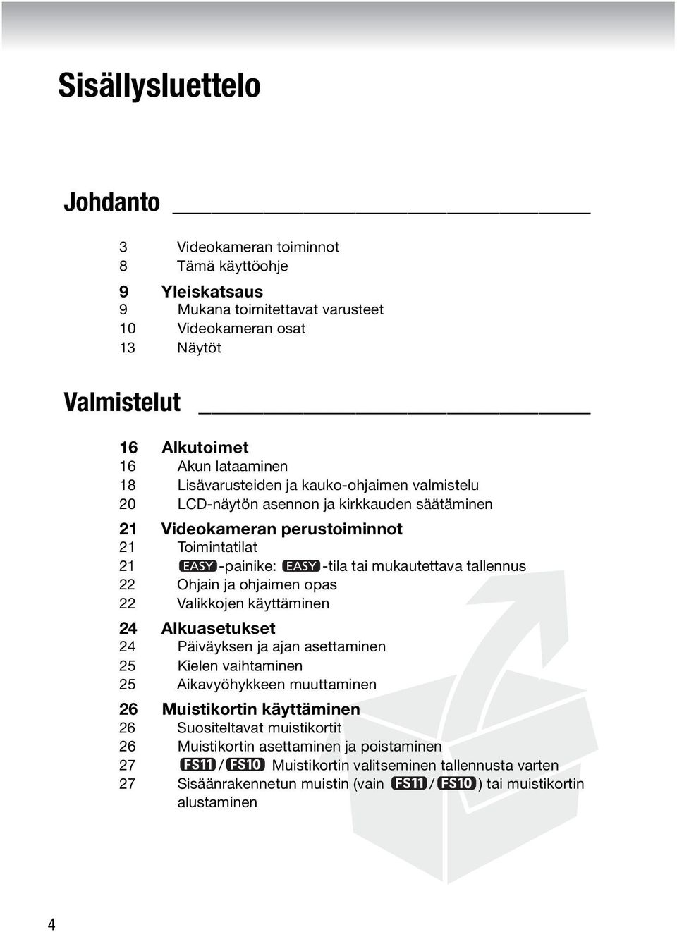 tallennus 22 Ohjain ja ohjaimen opas 22 Valikkojen käyttäminen 24 Alkuasetukset 24 Päiväyksen ja ajan asettaminen 25 Kielen vaihtaminen 25 Aikavyöhykkeen muuttaminen 26 Muistikortin