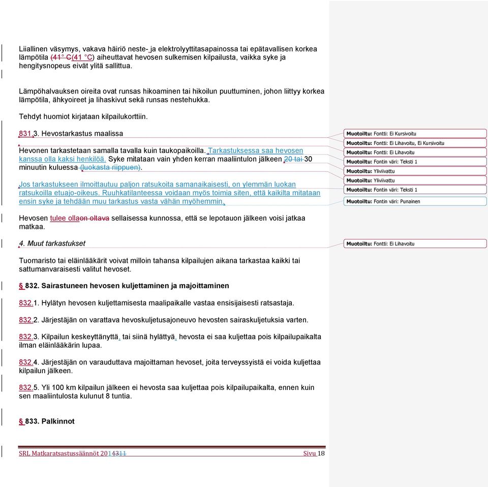 Tehdyt huomiot kirjataan kilpailukorttiin. 831.3. Hevostarkastus maalissa Hevonen tarkastetaan samalla tavalla kuin taukopaikoilla. Tarkastuksessa saa hevosen kanssa olla kaksi henkilöä.