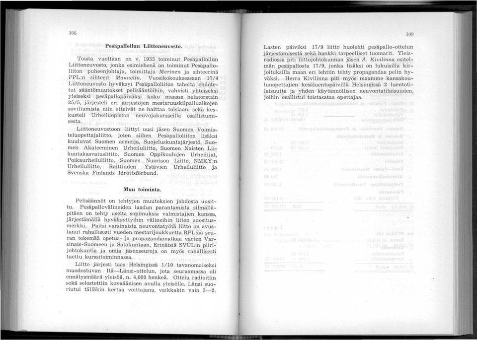 Vuosikokouksessaan 17/4 Liittoneuvosto hyväksyi Pesäpalloliiton taholta ehdotetut sääntömuutokset pelisääntöihin, vahvisti yhteiseksi yleiseksi pesäpallopäiväksi koko maassa helatorstain 25/5,