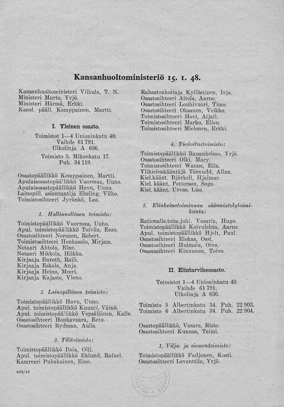 Toimistosihteeri Jyränkö, Lea, 1. Hallinnollinen toimisto: Toimistopäällikkö Vuormaa, Uuno. Apul. toimistopäällikkö Toivila, Eero. Osastosihteeri Noronen, Robert. Toimistosihteeri Honkasalo, Mirjam.