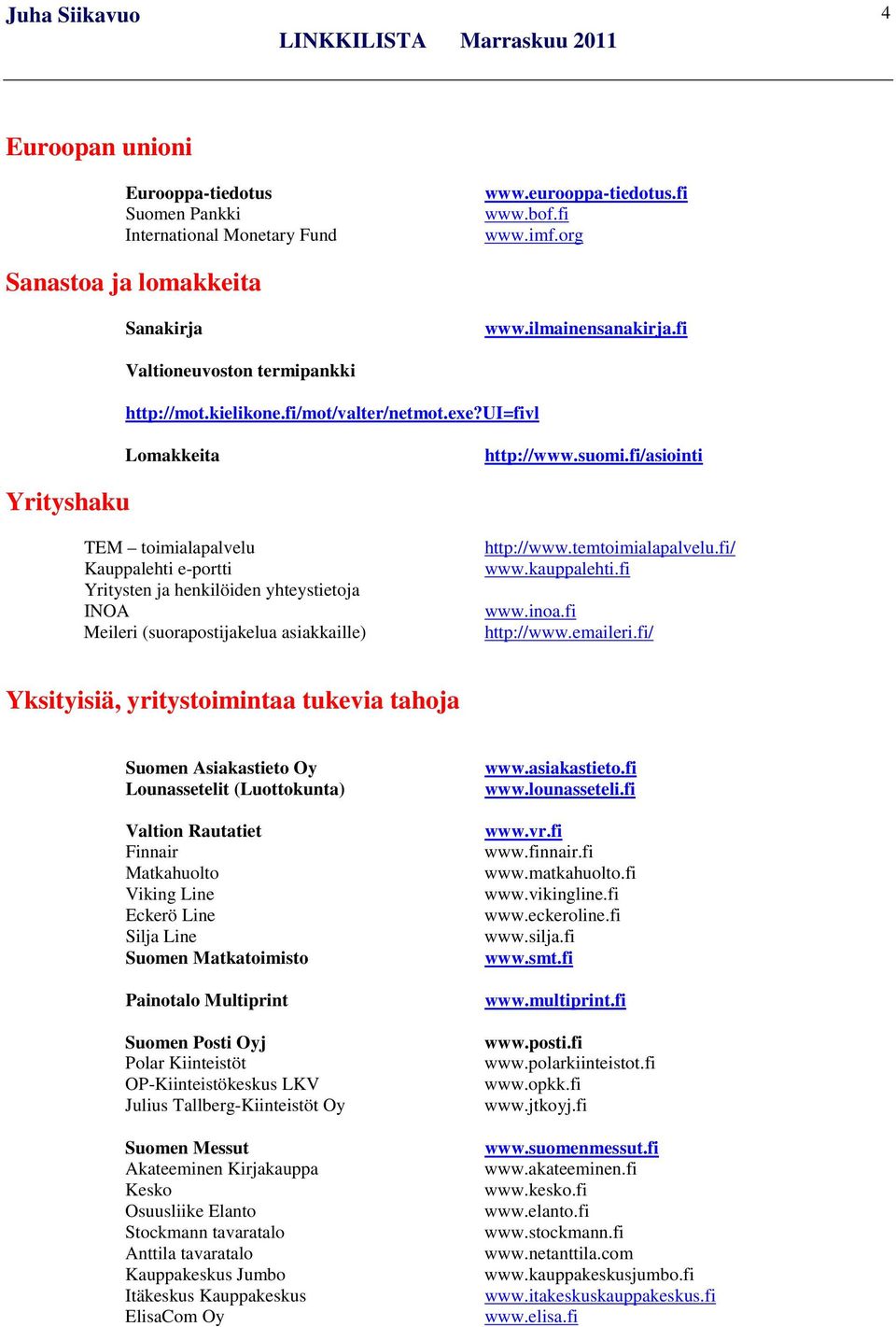 fi/asiointi Yrityshaku TEM toimialapalvelu Kauppalehti e-portti Yritysten ja henkilöiden yhteystietoja INOA Meileri (suorapostijakelua asiakkaille) http://www.temtoimialapalvelu.fi/ www.kauppalehti.