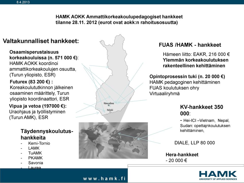 571 000 ): Ylemmän korkeakoulutuksen HAMK AOKK koordinoi rakenteellinen kehittäminen ammattikorkeakoulujen osuutta, (Turun yliopisto, ESR) Opintoprosessin tuki (n.