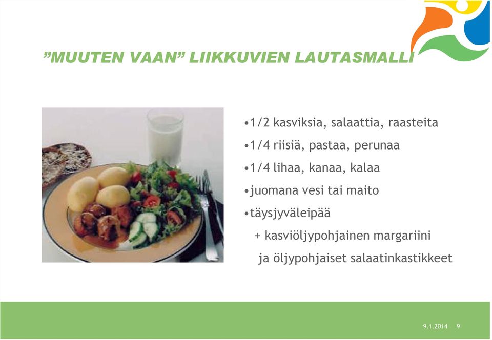 kanaa, kalaa juomana vesi tai maito täysjyväleipää +