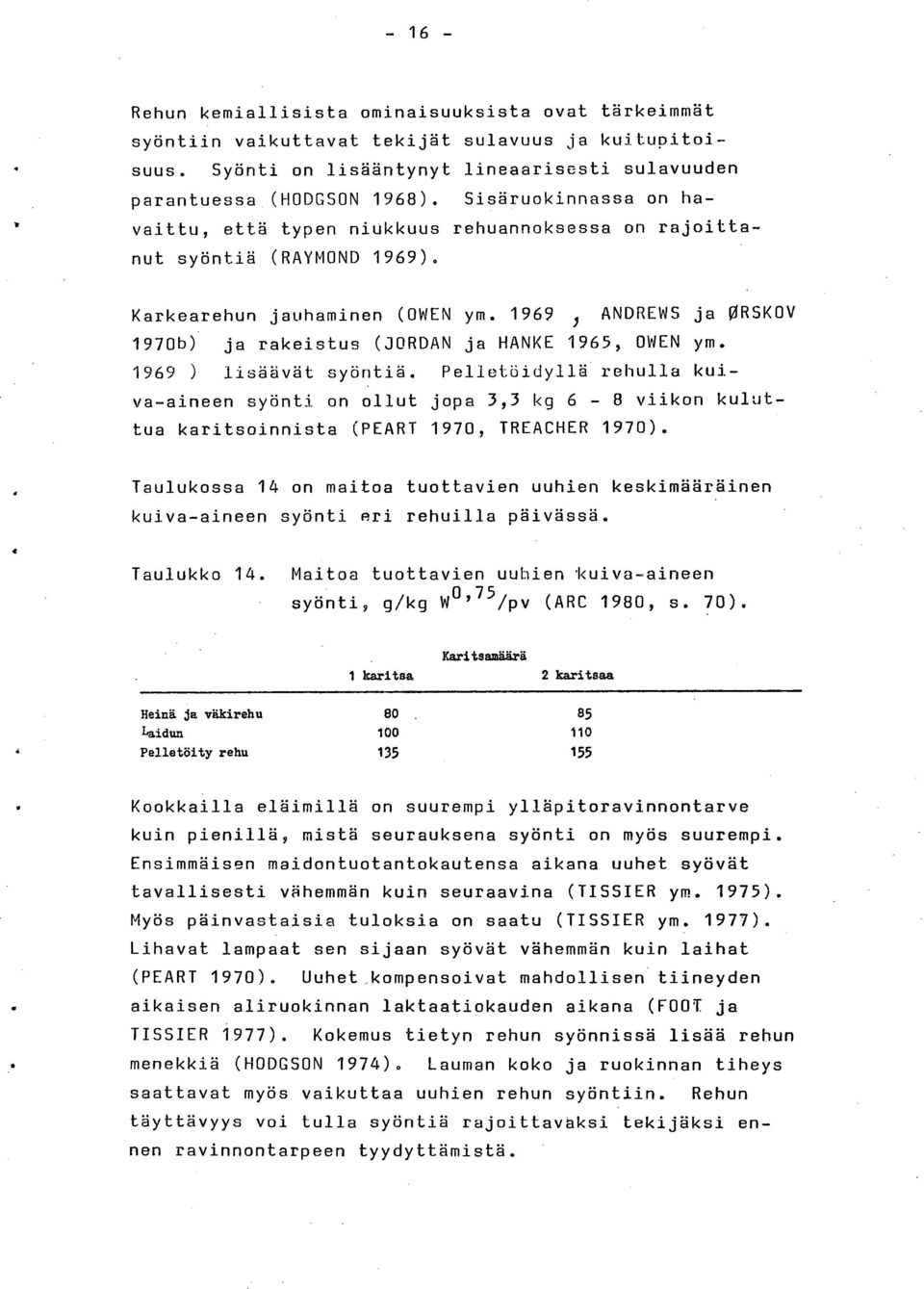 1969 5 ANDREWS ja ORSKOV 1970b) ja rakeistus (JORDAN ja HANKE 1965, OWEN ym. 1969 ) lisäävät syöntiä.