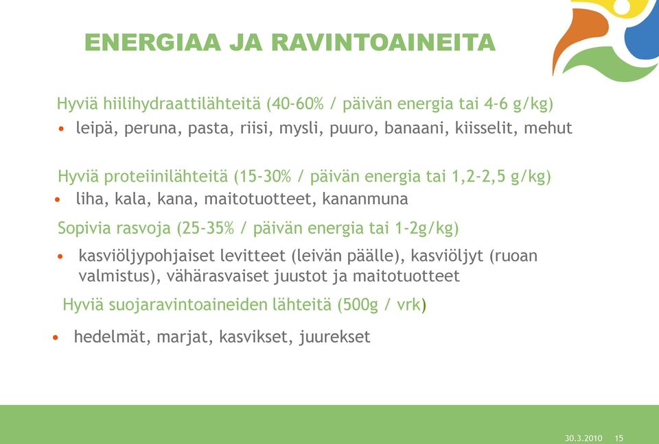 kananmuna Sopivia rasvoja (25-35% / päivän energia tai 1-2g/kg) kasviöljypohjaiset levitteet (leivän päälle), kasviöljyt (ruoan