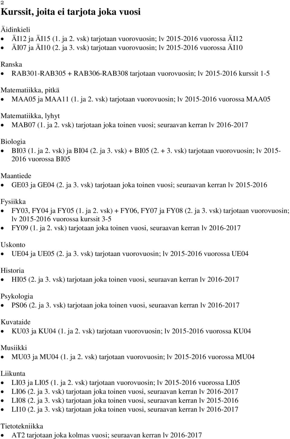 vsk) tarjotaan vuorovuosin; lv 2015-2016 vuorossa MAA05 Matematiikka, lyhyt MAB07 (1. ja 2. vsk) tarjotaan joka toinen vuosi; seuraavan kerran lv 2016-2017 Biologia BI03 (1. ja 2. vsk) ja BI04 (2.