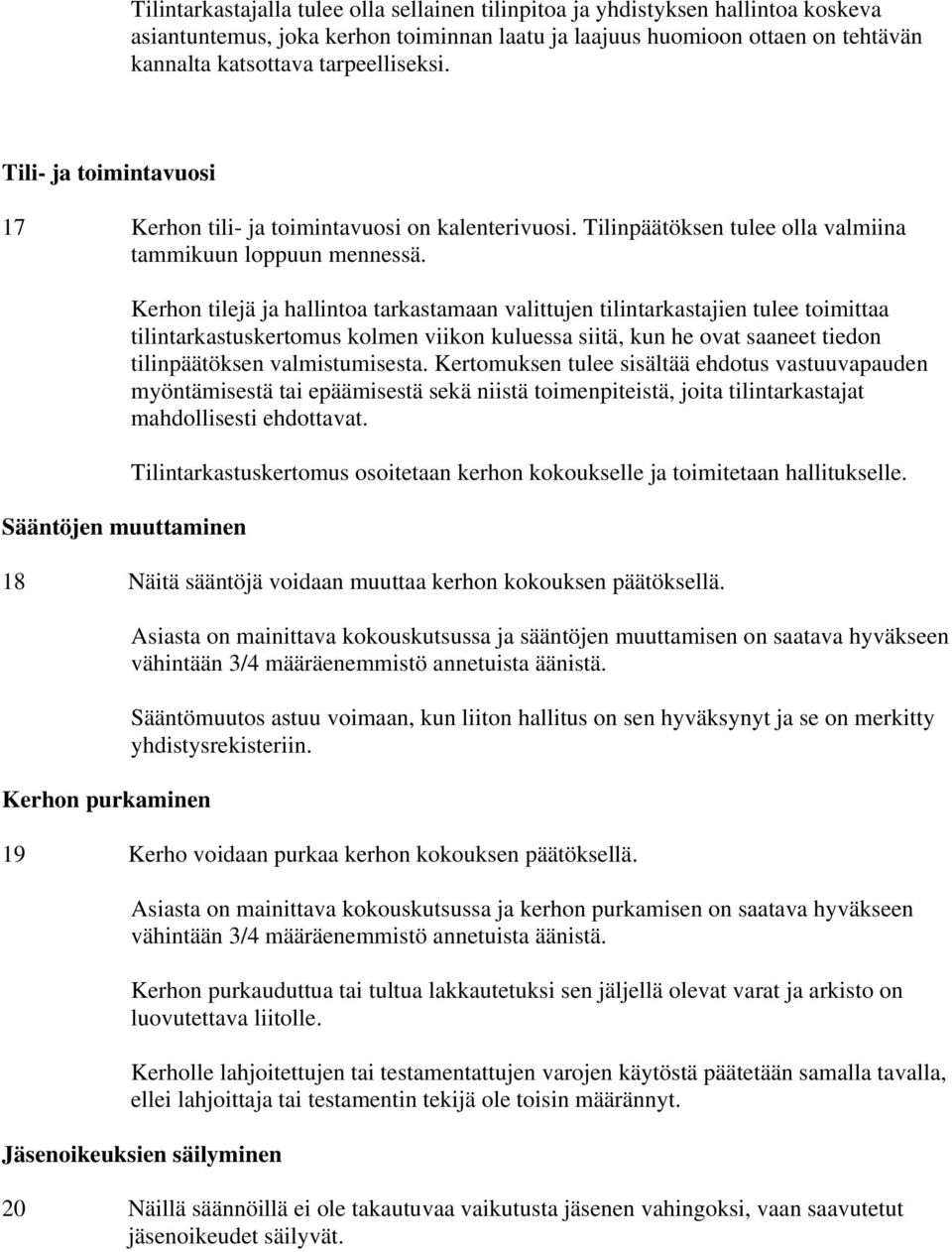 Sääntöjen muuttaminen Kerhon tilejä ja hallintoa tarkastamaan valittujen tilintarkastajien tulee toimittaa tilintarkastuskertomus kolmen viikon kuluessa siitä, kun he ovat saaneet tiedon