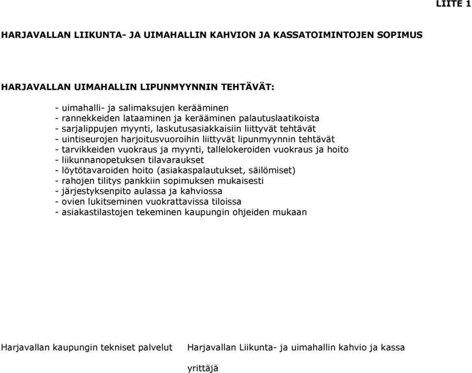 tallelokeroiden vuokraus ja hoito - liikunnanopetuksen tilavaraukset - löytötavaroiden hoito (asiakaspalautukset, säilömiset) - rahojen tilitys pankkiin sopimuksen