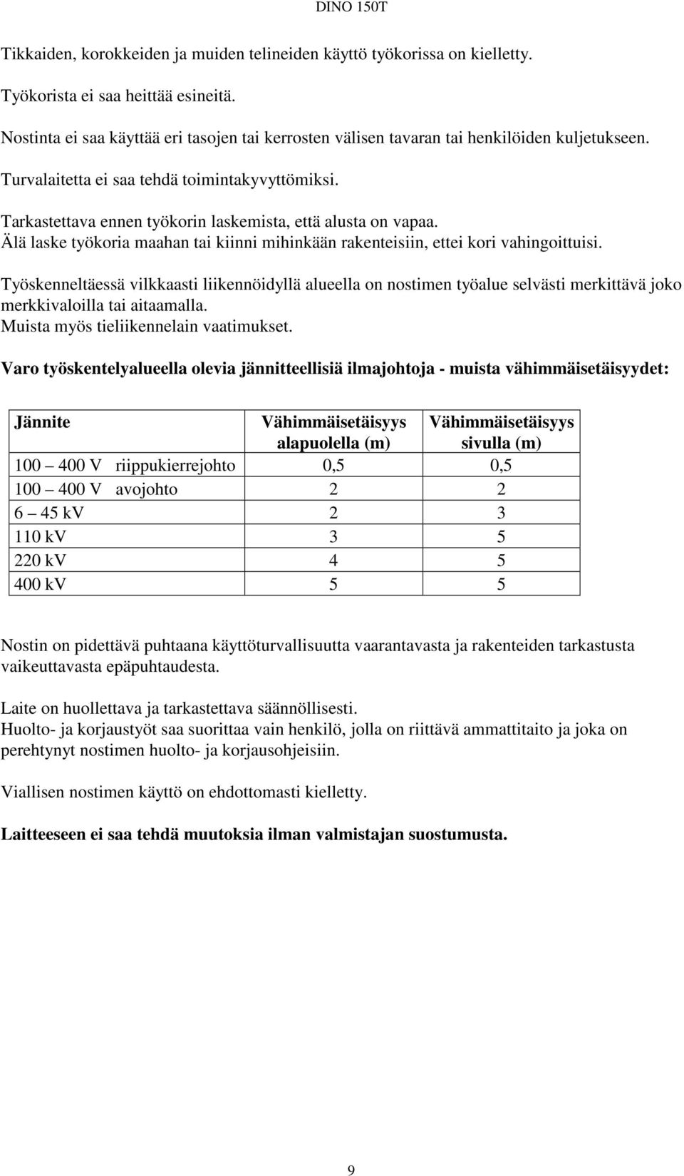 Tarkastettava ennen työkorin laskemista, että alusta on vapaa. Älä laske työkoria maahan tai kiinni mihinkään rakenteisiin, ettei kori vahingoittuisi.