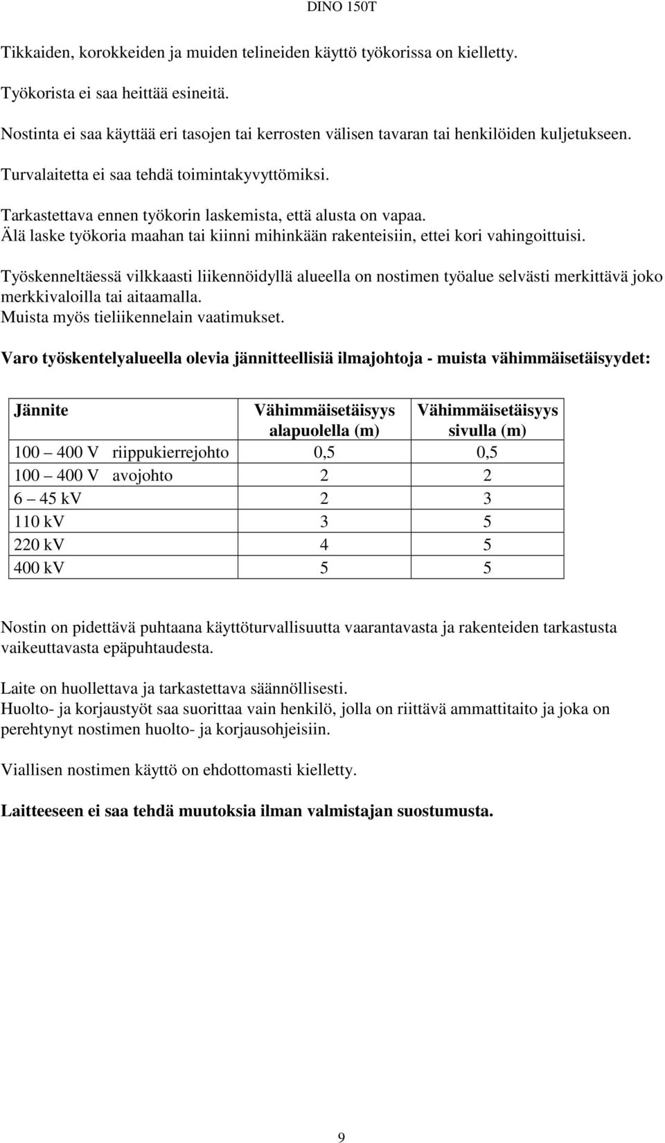 Tarkastettava ennen työkorin laskemista, että alusta on vapaa. Älä laske työkoria maahan tai kiinni mihinkään rakenteisiin, ettei kori vahingoittuisi.