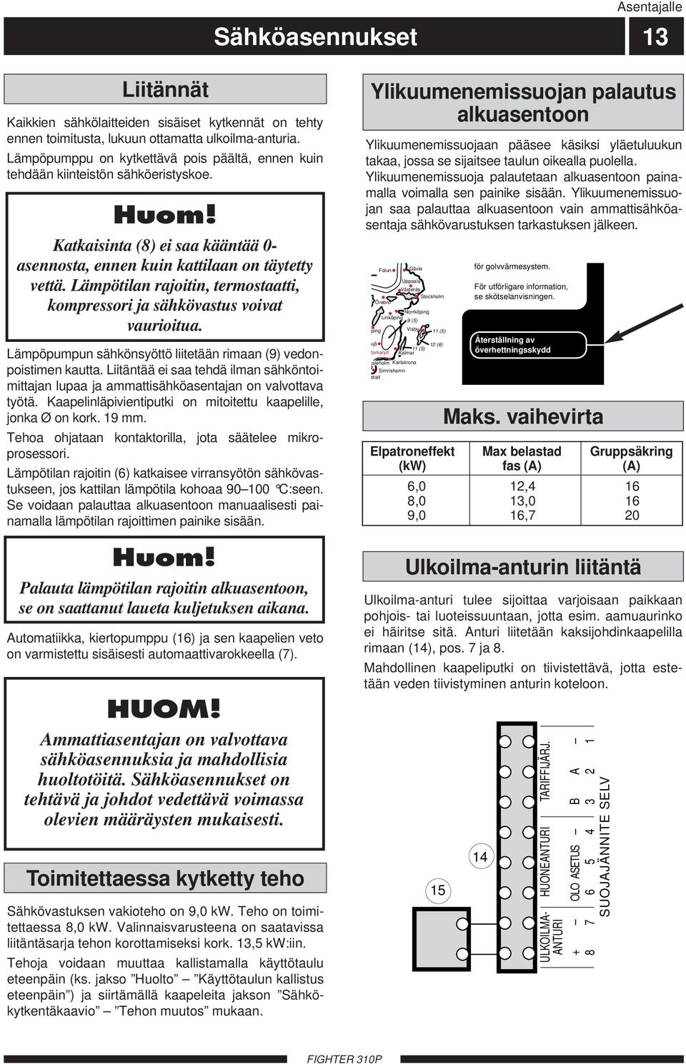 Lämpötilan rajoitin, termostaatti, kompressori ja sähkövastus voivat vaurioitua. Lämpöpumpun sähkönsyöttö liitetään rimaan (9) vedonpoistimen kautta.