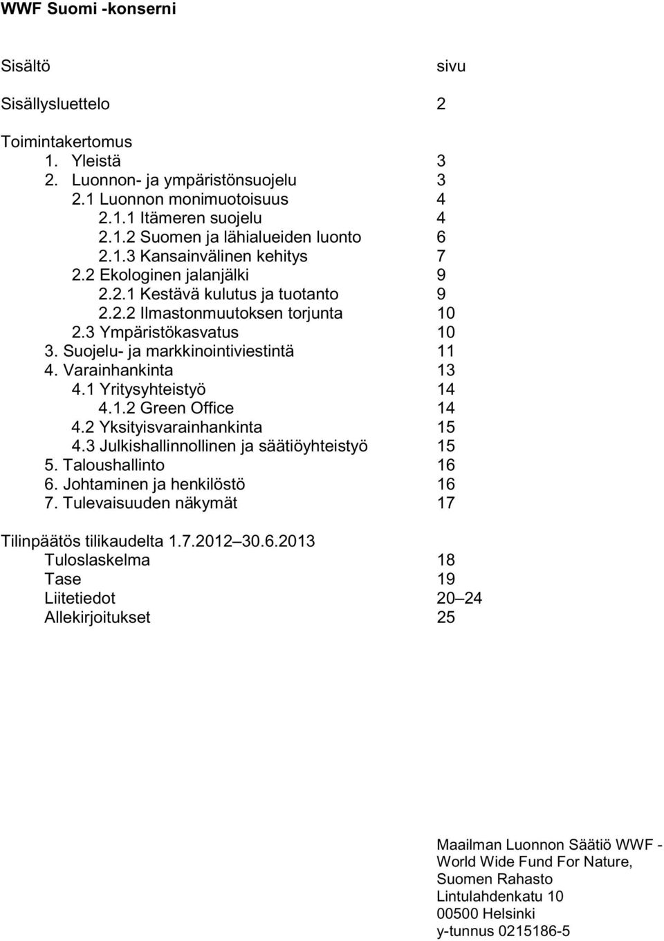 Varainhankinta 13 4.1 Yritysyhteistyö 14 4.1.2 Green Office 14 4.2 Yksityisvarainhankinta 15 4.3 Julkishallinnollinen ja säätiöyhteistyö 15 5. Taloushallinto 16 6. Johtaminen ja henkilöstö 16 7.