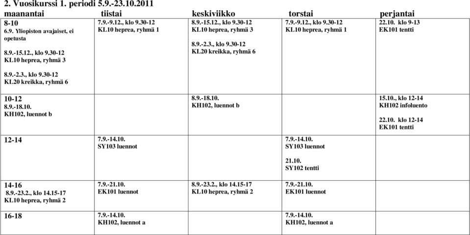 10., klo KH102 infoluento 22.10. klo EK101 tentti 7.9.-14.10. SY103 luennot 7.9.-14.10. SY103 luennot 21.10. SY102 tentti 8.9.-23.2., klo 14.15-17 7.9.-21.