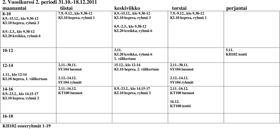 12.-14.12. SY104 ryhmät 2.11.-16.12. KT100 luennot 15.12., klo KL10 heprea, 2. välikertaus 8.9.-23.2., klo 14.15-17 2.11.-30.11. SY104 luennot 2.