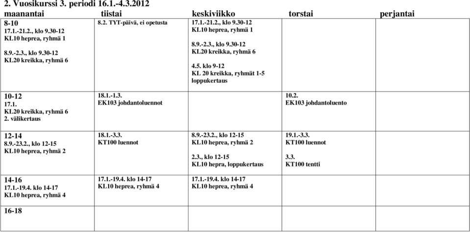 EK103 johdantoluennot 10.2. EK103 johdantoluento 8.9.-23.2., klo 12-15 18.1.-3.3. KT100 luennot 8.9.-23.2., klo 12-15 2.