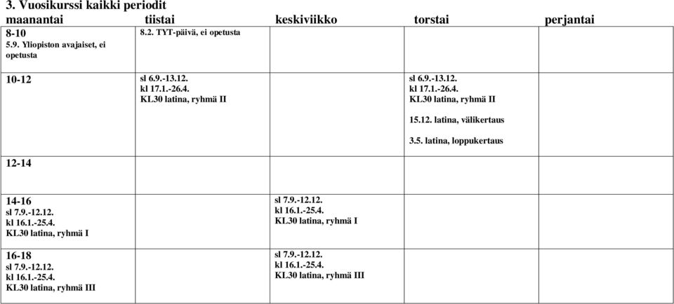 9.-12.12. kl 16.1.-25.4. KL30 latina, ryhmä I 16-18 sl 7.9.-12.12. kl 16.1.-25.4. KL30 latina, ryhmä III sl 7.9.-12.12. kl 16.1.-25.4. KL30 latina, ryhmä I sl 7.