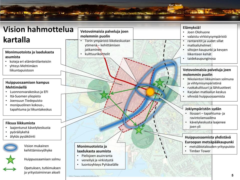 Huippuosaamisen solmu Opetuksen, tutkimuksen ja yritystoiminnan akseli Vetovoimaisia palveluja joen molemmin puolin Torin ympäristö liikekeskustan ytimenä kehittämisen jatkaminen kulttuurikorttelit