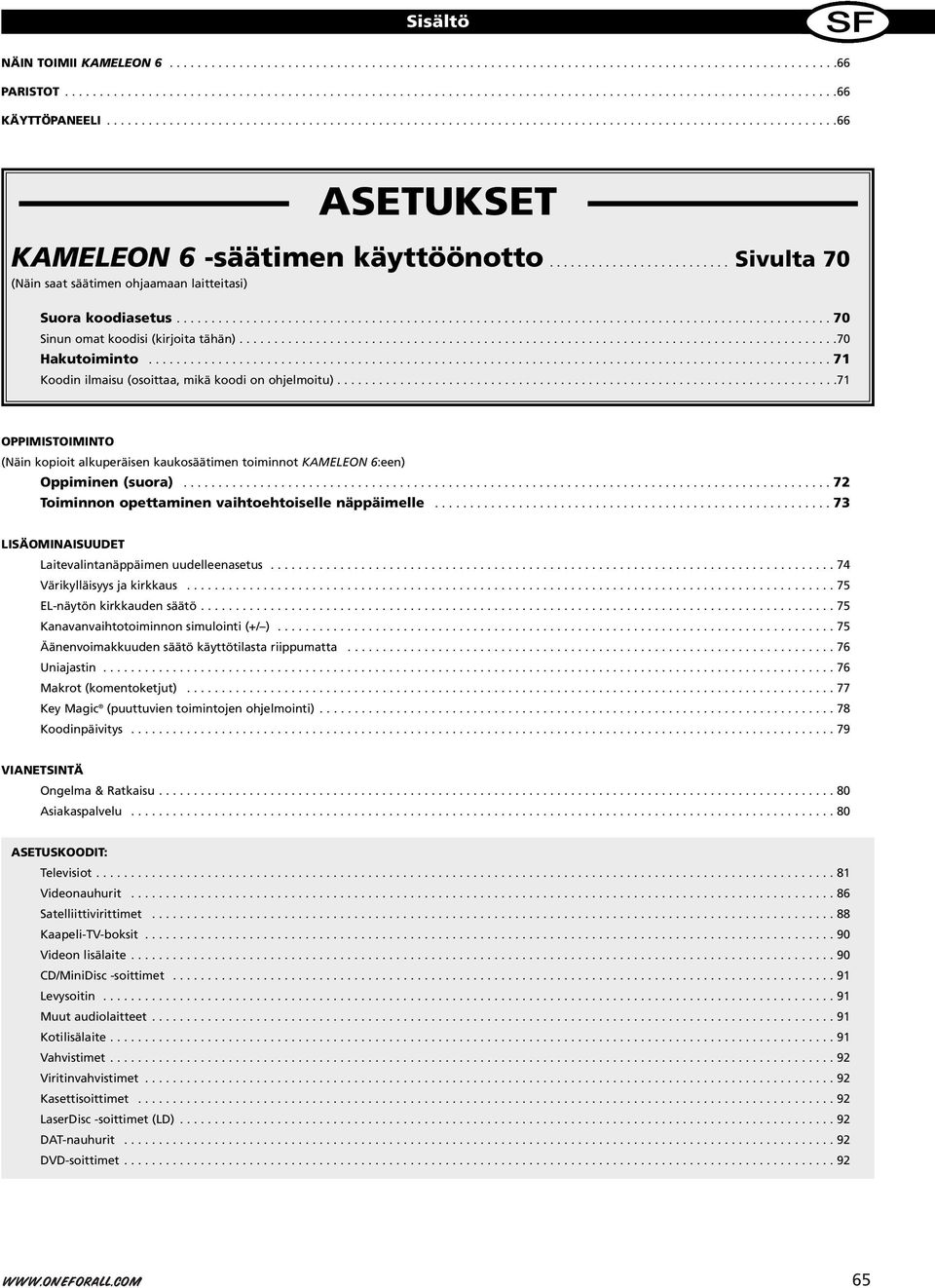 ......................... Sivulta 70 (Näin saat säätimen ohjaamaan laitteitasi) Suora koodiasetus.............................................................................................. 70 Sinun omat koodisi (kirjoita tähän).