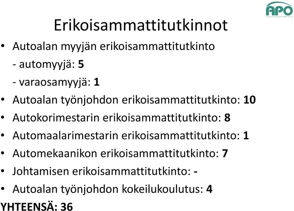 erikoisammattitutkinto: 8 Automaalarimestarin erikoisammattitutkinto: 1 Automekaanikon