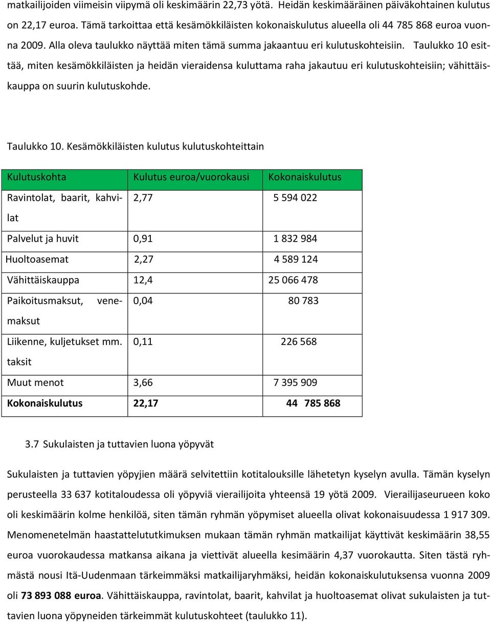 Taulukko 10 esittää, miten kesämökkiläisten ja heidän vieraidensa kuluttama raha jakautuu eri kulutuskohteisiin; vähittäiskauppa on suurin kulutuskohde. Taulukko 10.