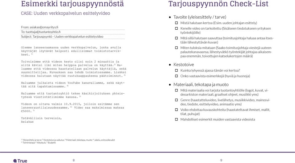 1) Toivoisimme että videon kesto olisi noin 2 minuuttia ja siitä kävisi ilmi miten helppoa palvelua on käyttää. 2) Haluamme että videossa haastatellaan palvelun käyttäjiä, sekä suunnittelijaa.