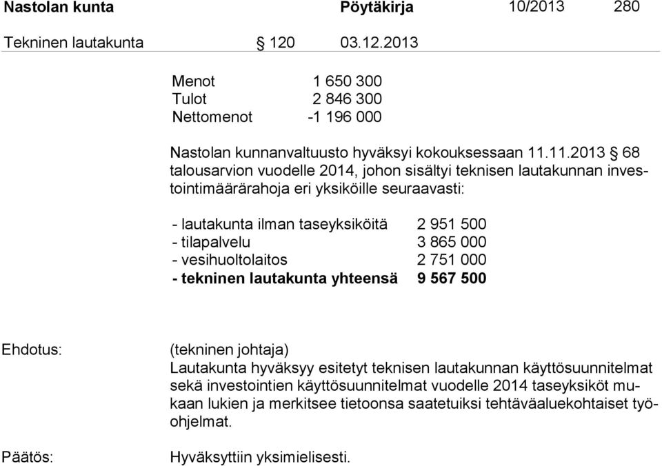 tilapalvelu 3 865 000 - vesihuoltolaitos 2 751 000 - tekninen lautakunta yhteensä 9 567 500 (tekninen johtaja) Lautakunta hyväksyy esitetyt teknisen lautakunnan