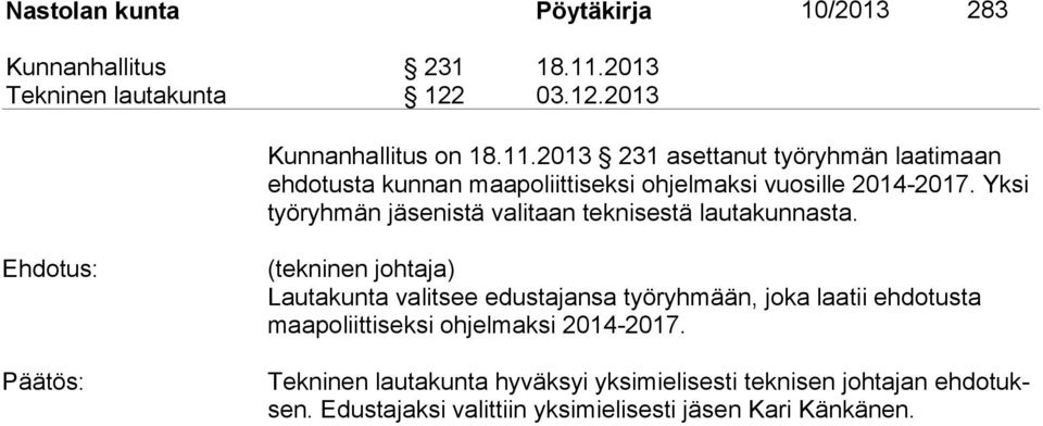 2013 231 asettanut työryhmän laatimaan ehdotusta kunnan maapoliittiseksi ohjelmaksi vuosille 2014-2017.