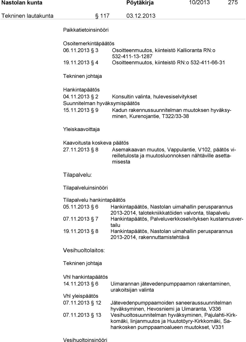 11.2013 8 Asemakaavan muutos, Vappulantie, V102, päätös vireilletulosta ja muutosluonnoksen nähtäville asettamisesta Tilapalvelu: Tilapalveluinsinööri Tilapalvelu hankintapäätös 05.11.2013 6 Hankintapäätös, Nastolan uimahallin perusparannus 2013-2014, talotekniikkatöiden valvonta, tilapalvelu 07.