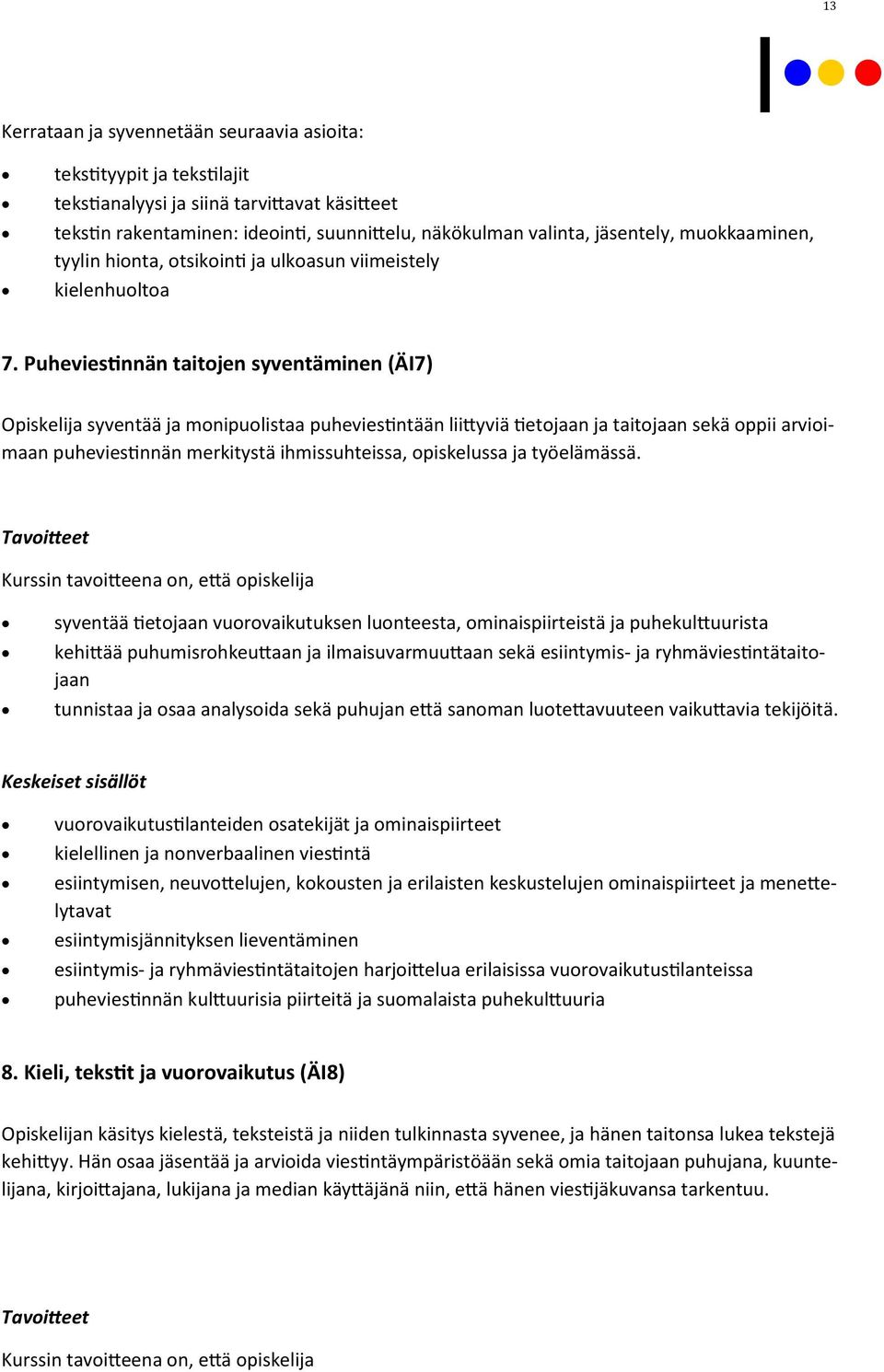 Puheviestinnän taitojen syventäminen (ÄI7) Opiskelija syventää ja monipuolistaa puheviestintään liittyviä tietojaan ja taitojaan sekä oppii arvioimaan puheviestinnän merkitystä ihmissuhteissa,