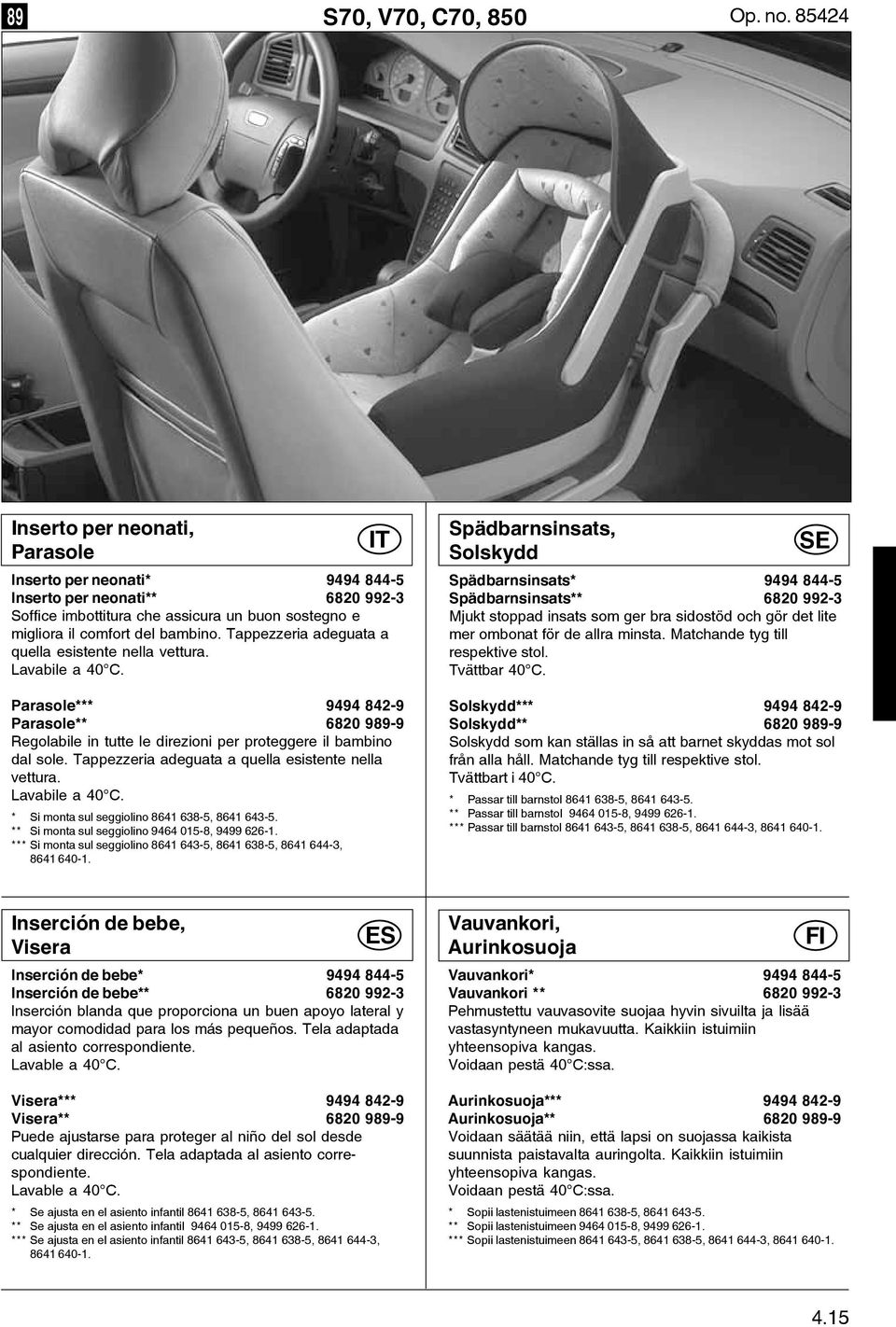 Tappezzeria adeguata a quella esistente nella vettura. Lavabile a 40 C. Parasole*** 9494 842-9 Parasole** 6820 989-9 Regolabile in tutte le direzioni per proteggere il bambino dal sole.