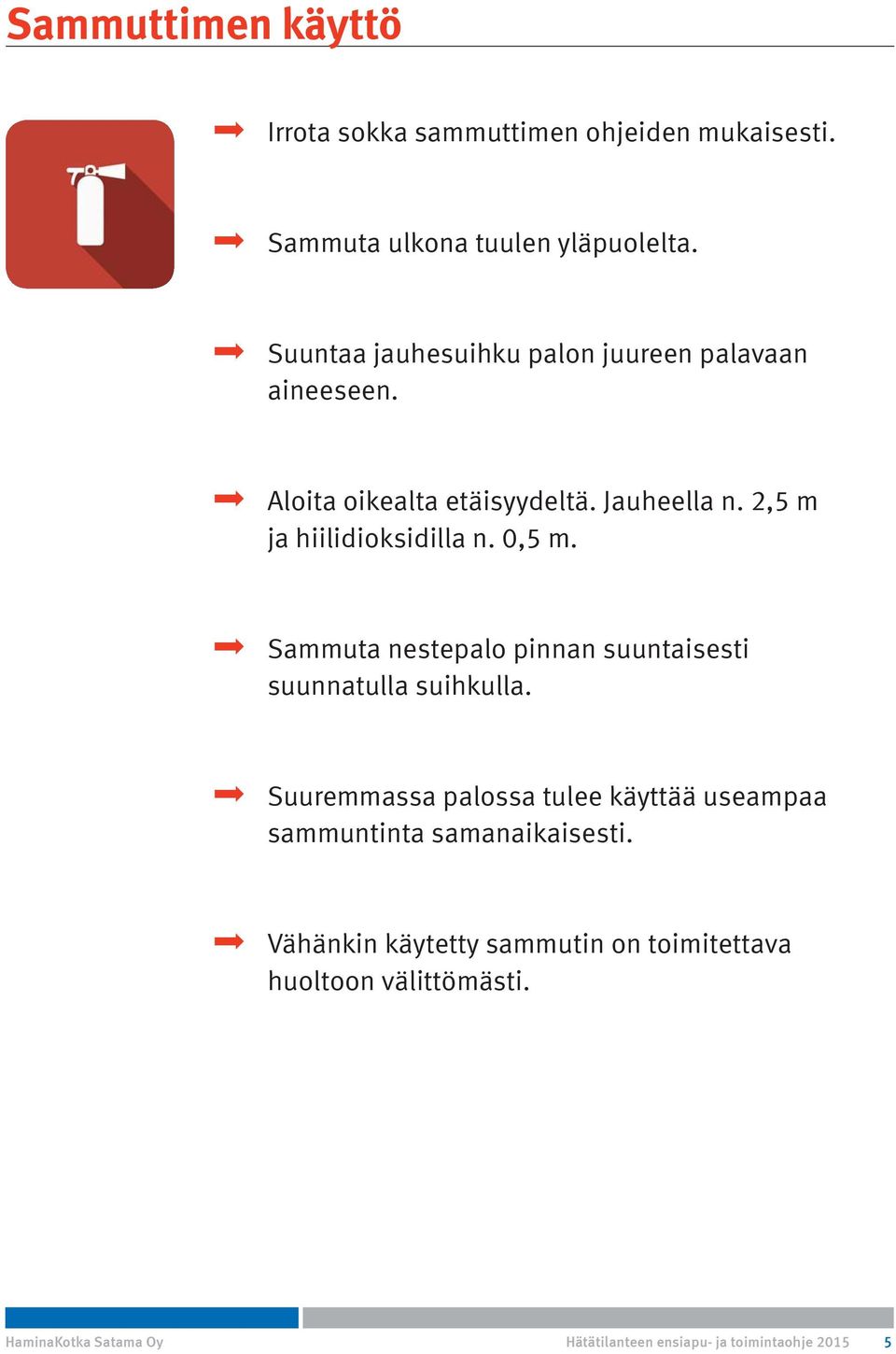 0,5 m. Sammuta nestepalo pinnan suuntaisesti suunnatulla suihkulla.