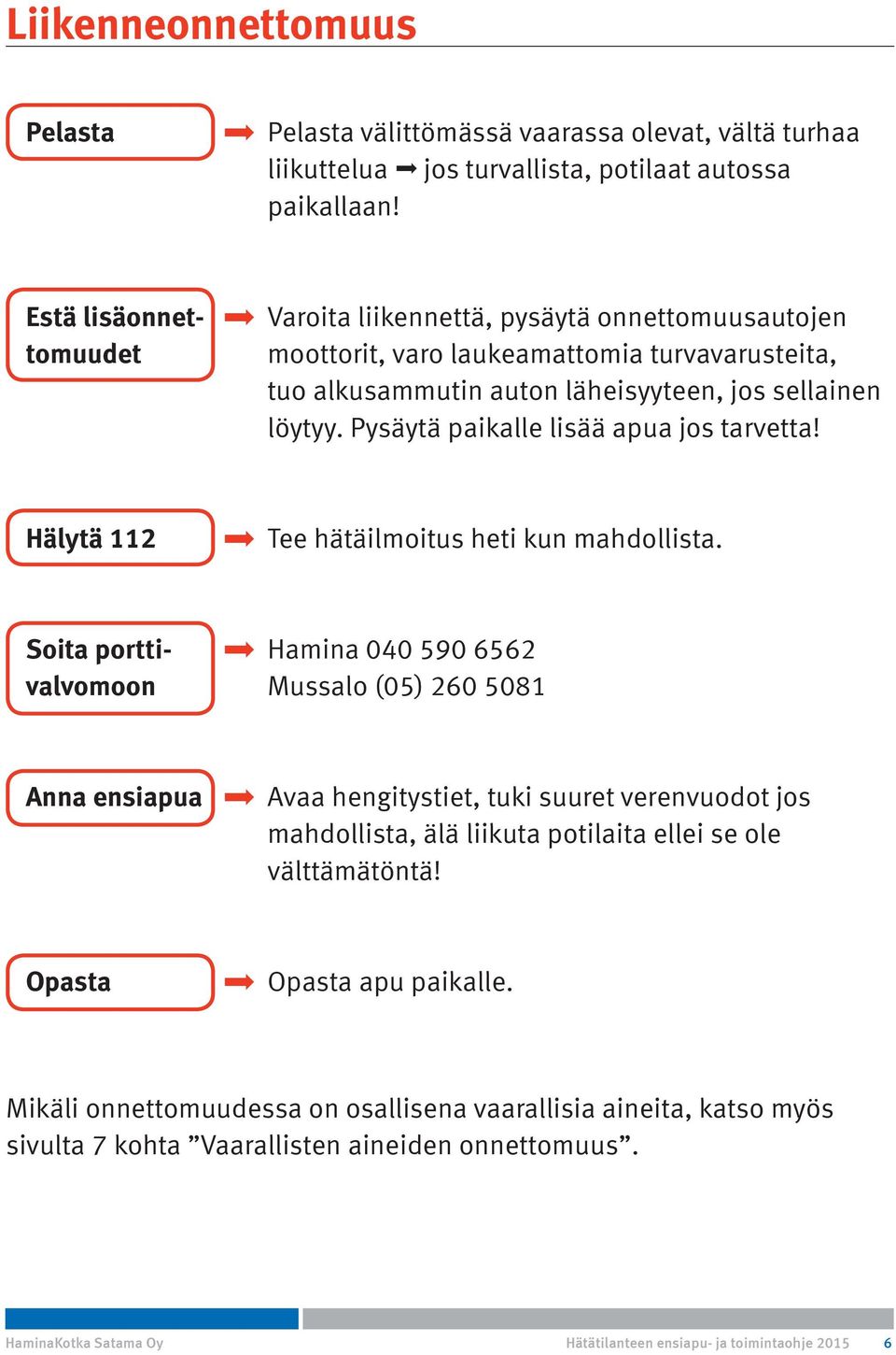 Pysäytä paikalle lisää apua jos tarvetta! Hälytä 112 Tee hätäilmoitus heti kun mahdollista.