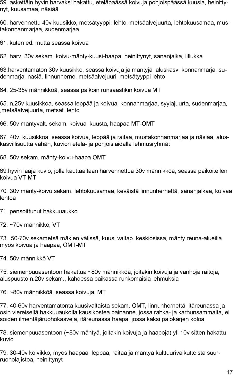 koivu-mänty-kuusi-haapa, heinittynyt, sananjalka, lillukka 63.harventamaton 30v kuusikko, seassa koivuja ja mäntyjä, aluskasv.