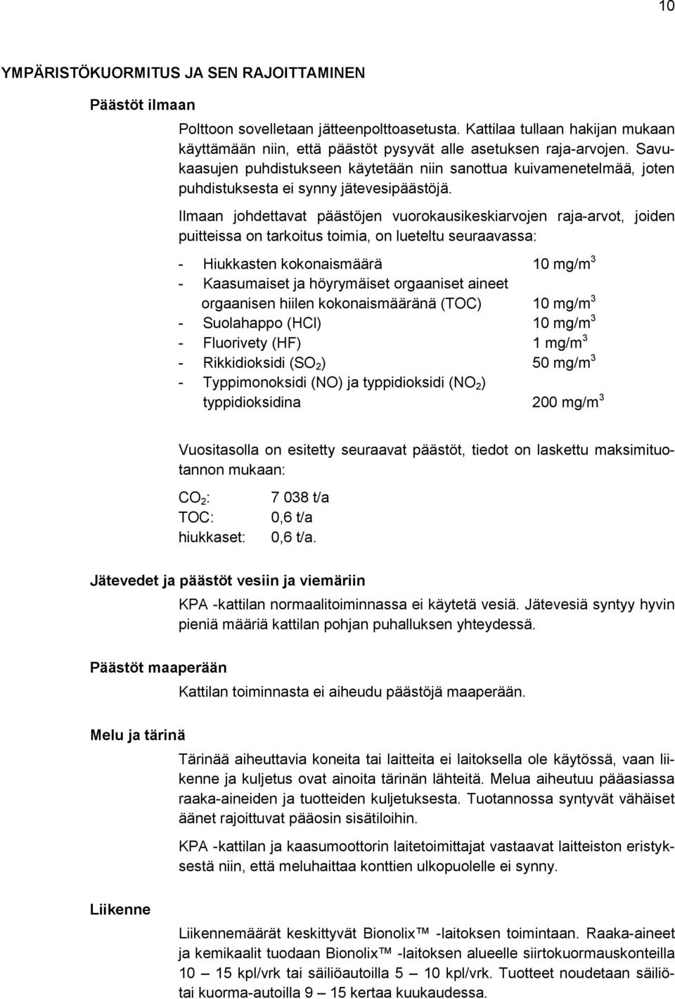 Ilmaan johdettavat päästöjen vuorokausikeskiarvojen raja-arvot, joiden puitteissa on tarkoitus toimia, on lueteltu seuraavassa: - Hiukkasten kokonaismäärä 10 mg/m 3 - Kaasumaiset ja höyrymäiset