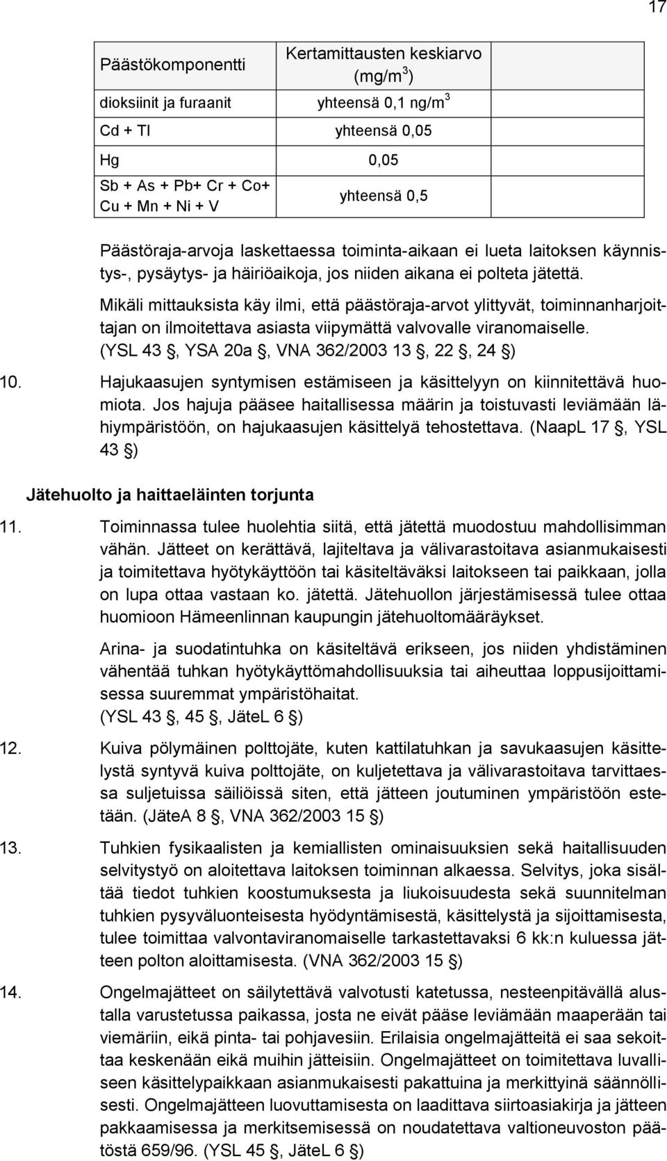 Mikäli mittauksista käy ilmi, että päästöraja-arvot ylittyvät, toiminnanharjoittajan on ilmoitettava asiasta viipymättä valvovalle viranomaiselle. (YSL 43, YSA 20a, VNA 362/2003 13, 22, 24 ) 10.