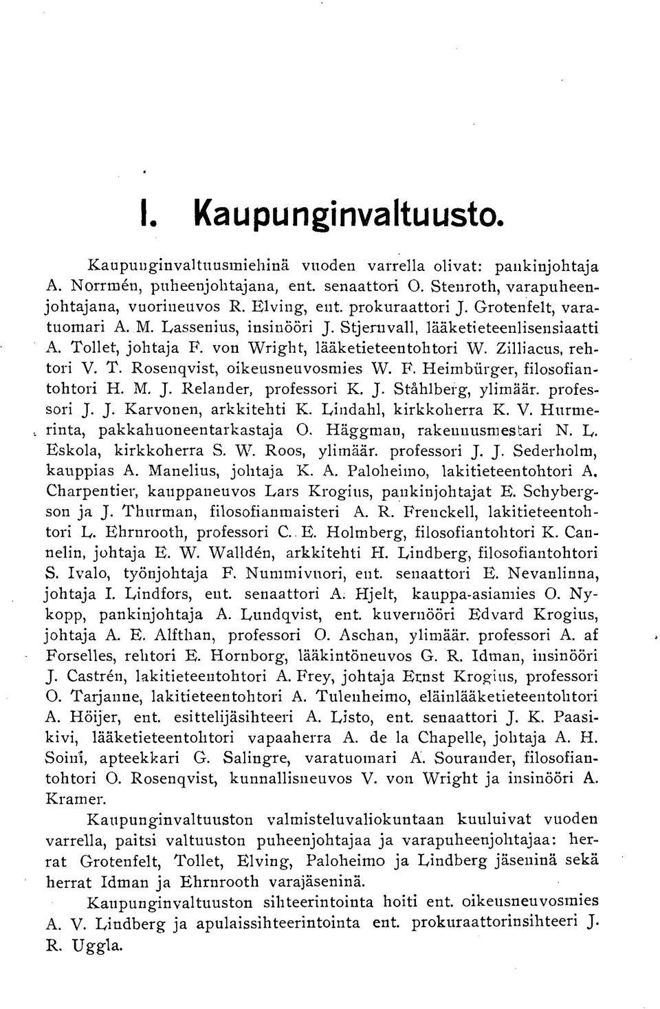 T. Rosenqvist, oikeusneuvosmies W. F. Heimbiirger, filosofiantohtori H. M. J. Relander, professori K. J. Ståhlberg, ylimäär. professori J. J. Karvonen, arkkitehti K. Lindahl, kirkkoherra K. V.