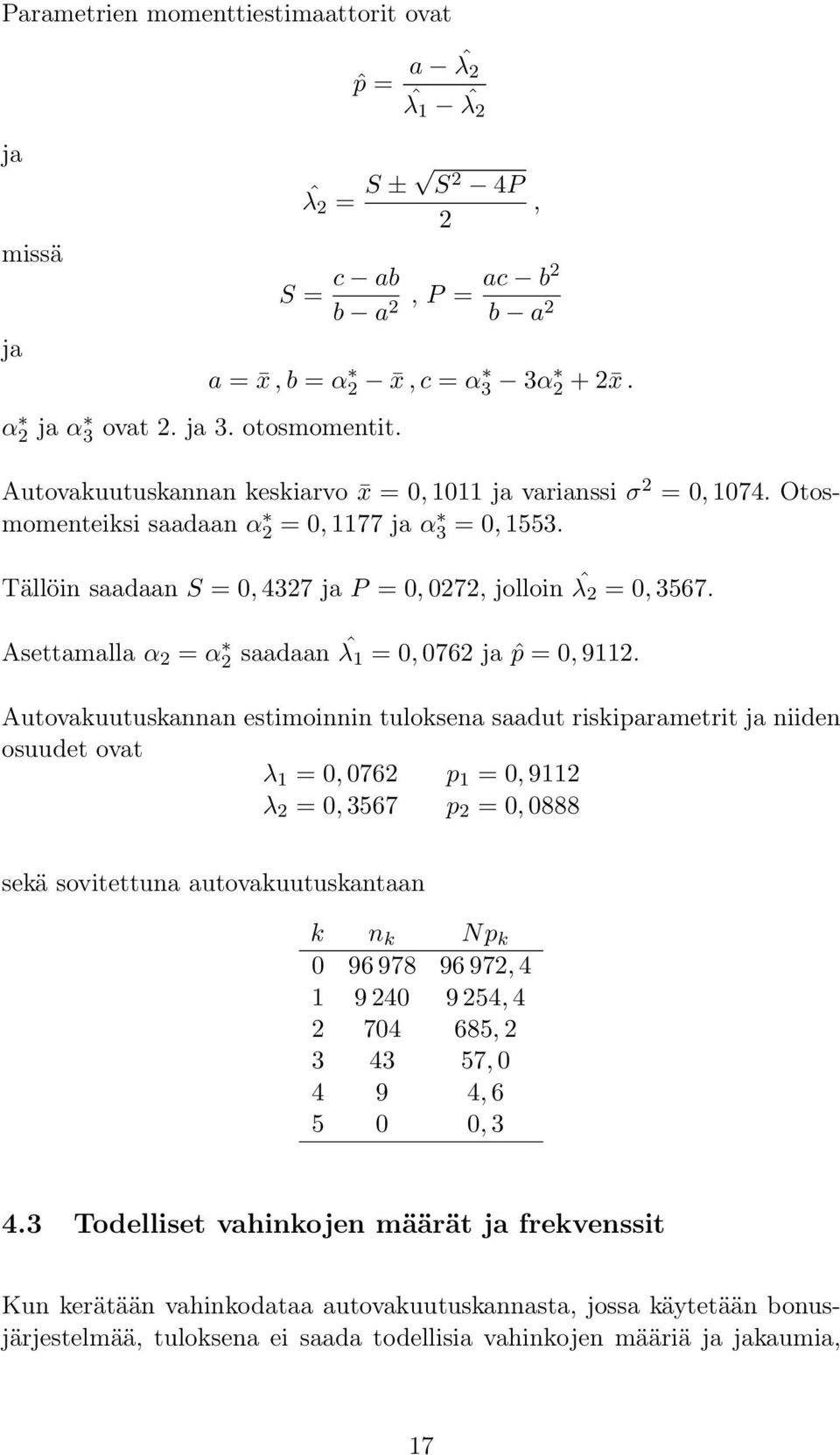 Asettamalla α 2 = α 2 saadaan ˆλ 1 = 0, 0762 ja ˆp = 0, 9112.