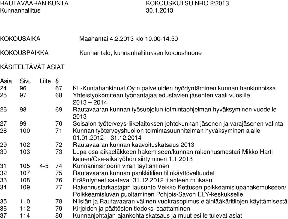 työnantajaa edustavien jäsenten vaali vuosille 2013 2014 26 98 69 Rautavaaran kunnan työsuojelun toimintaohjelman hyväksyminen vuodelle 2013 27 99 70 Soisalon työterveys-liikelaitoksen johtokunnan