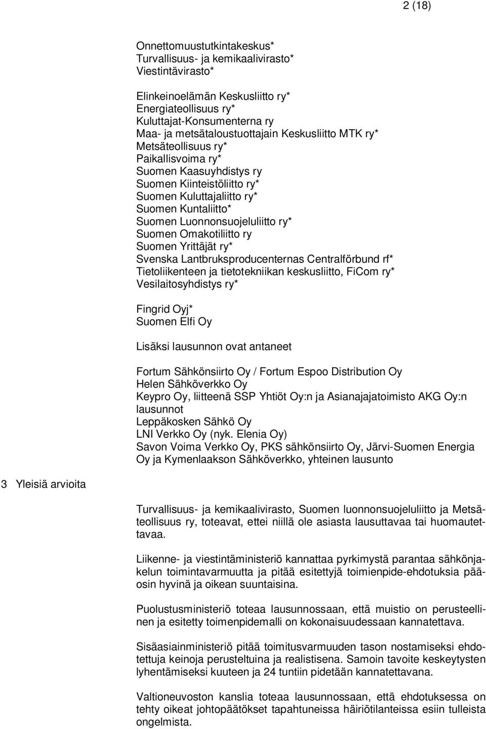 Omakotiliitto ry Suomen Yrittäjät ry* Svenska Lantbruksproducenternas Centralförbund rf* Tietoliikenteen ja tietotekniikan keskusliitto, FiCom ry* Vesilaitosyhdistys ry* Fingrid Oyj* Suomen Elfi Oy